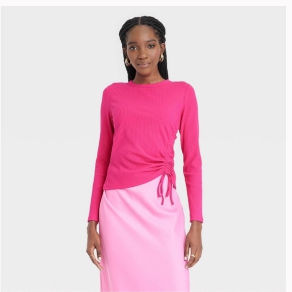 TARGET A NEW DAY Bright Pink Long-Sleeve Ribbed Ruched Adjustable String Shirt S - Picture 3 of 15